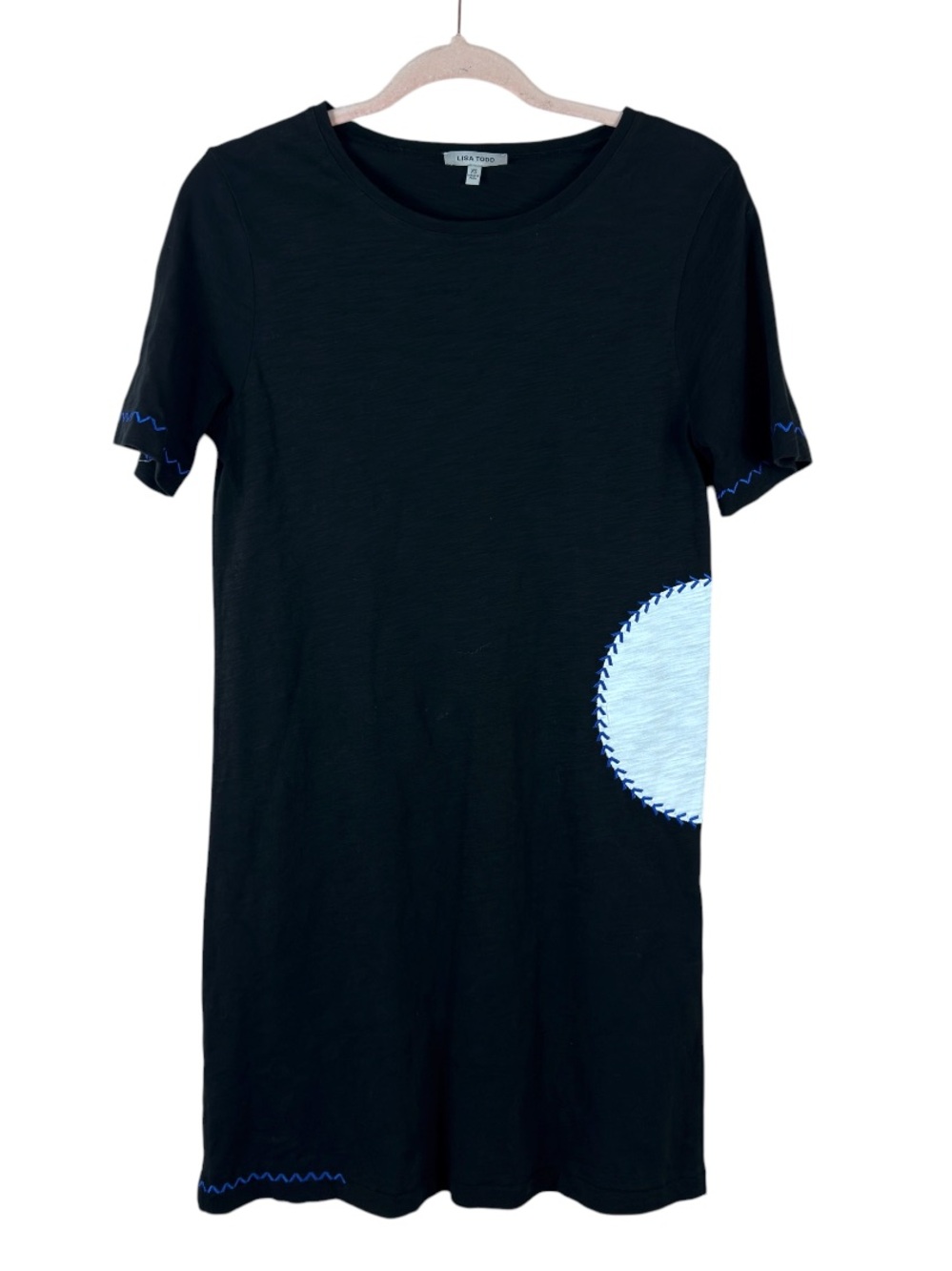 Lisa Todd womens size XS black short sleeve blue patch cotton shirt dress